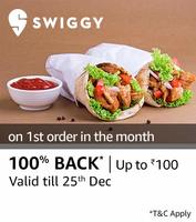 100% Cashback upto ₹100 with Amazon Pay on Swiggy [22nd-25th Dec] for First time Use in December.