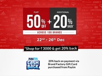 BrandFactory Sale : Flat 50% Off on All Products + Additional 20% Cashback on Gvs on Paytm (22-26Dec)