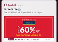 Westside EOSS @ TataCLiQ : - Upto 60% Off + 5% Axis Bank Discount.