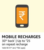 Mobile Recharges Offer: 30% Cashback offer up to Rs.25 amazon
