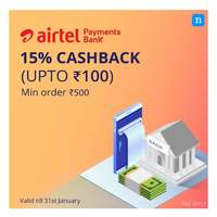 15% cashback upto a Max of Rs.100 on your first ever transaction via Airtel Payments Bank on Niki.ai  Min transaction of Rs. 500