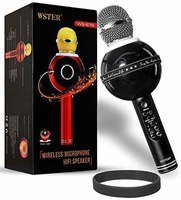 CASEMANTRA®Wireless Bluetooth WS-878 Karaoke Microphone MIC For Singing Recording Condenser Handheld Microphone Portable Speaker with Party Lights- Black