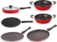 Nirlon Non-Stick Aluminium Cookware Utencils Set with 1 Lid, 6-Pieces, Red & Black 