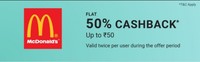 McDonald's Phonepe offer : Flat 50% off cashback upto Rs 50 (Twice per user)