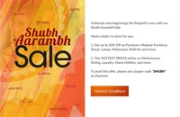 Pepperfry : Shubh Aarambh Sale  :  50% OFF On Everything +  Get Flat 40% ( 30% Discount + 10% Cashback)