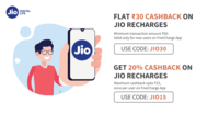 Freecharge Jio:  Rs.30 Cashback on Rs.50 for new & Rs.15 Cashback on Rs.75 for All